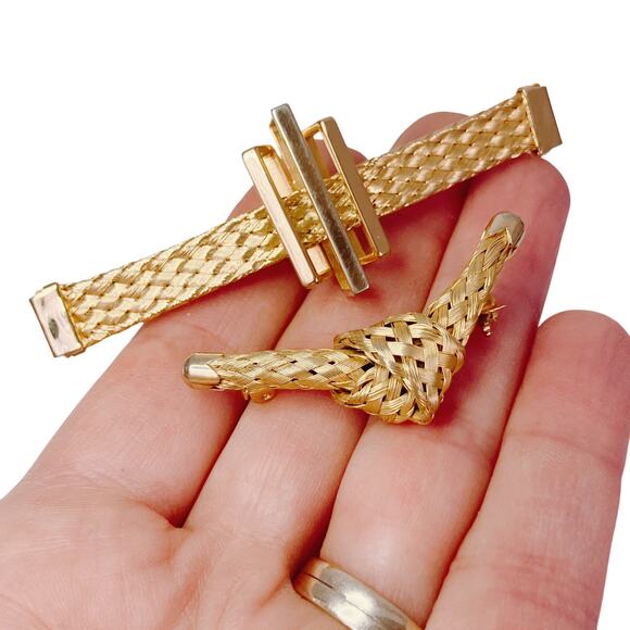 VTG Set of 2 Brooches 50s 60s Gold Tone Mesh Knot & Bar Mid Century Sculptural - Picture 3 of 12